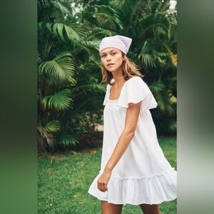 Cotton On Square Neckline White Boho Ruffle Mini Dress Flax Tie Back Size Medium